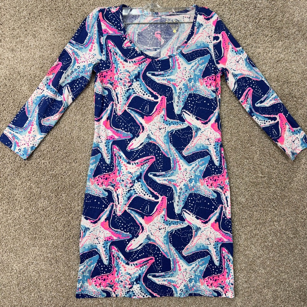 Lilly Pulitzer Dress Womens XS Hollee Starfish Blue Pink 3/4 Sleeve EUC